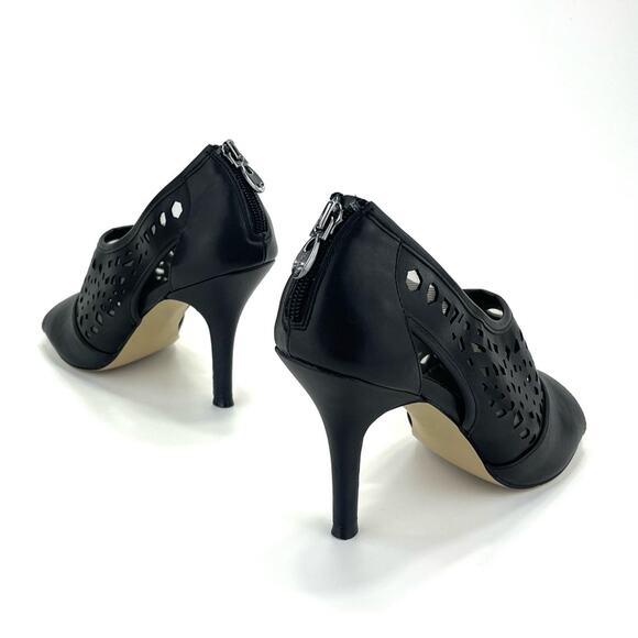 Tahari Lilith Black Stiletto Heels Sz 8.5 Open Toe Leather Laser Cut-Out Accent - Picture 15 of 15